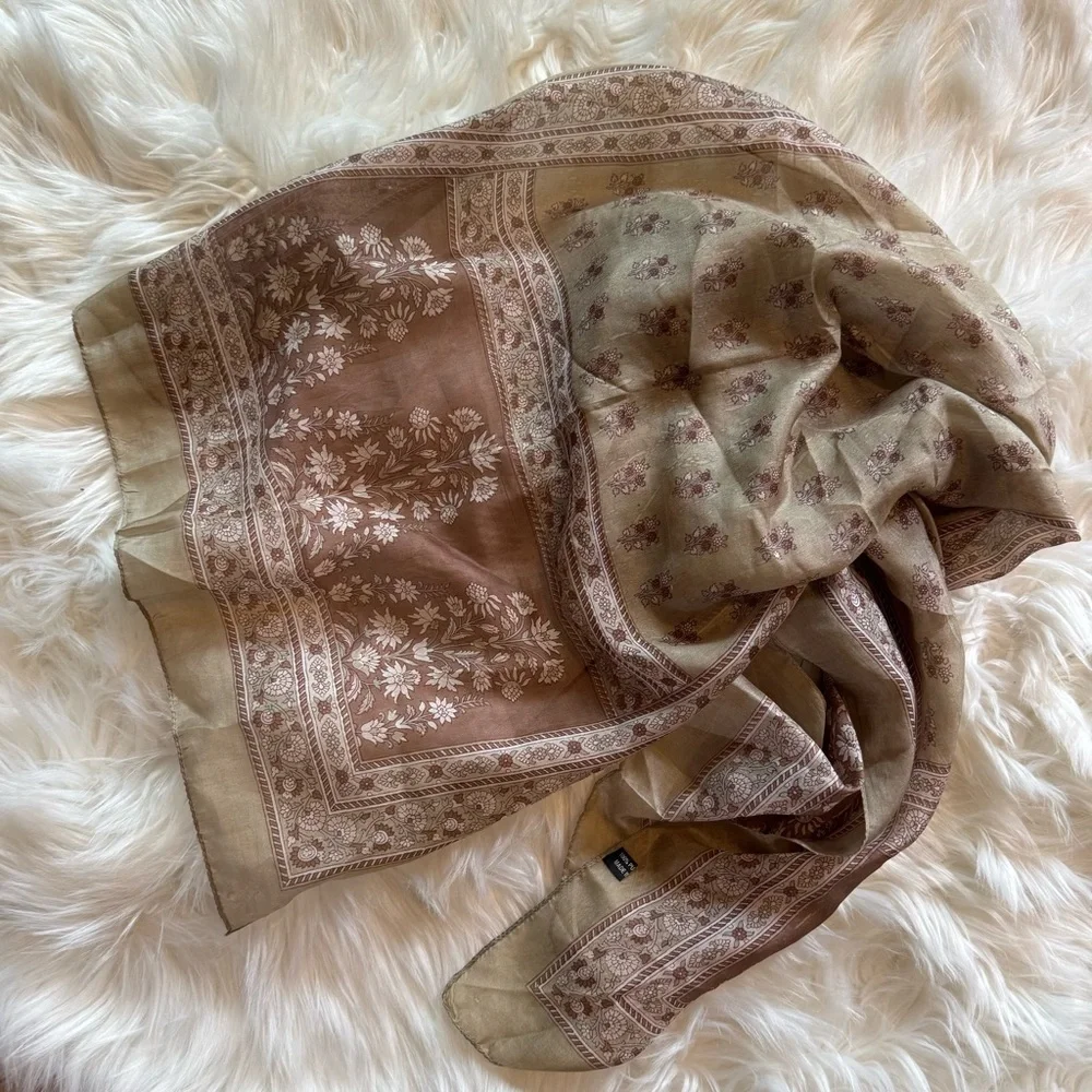 100% Pure Silk Floral Scarf | Golden Tan & Mauve Pink-ish 20